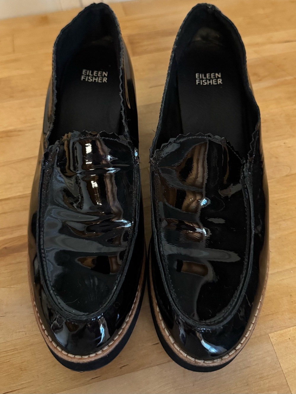 Eileen Fisher Black Patent Leather Chunky Heel Loafers 10M